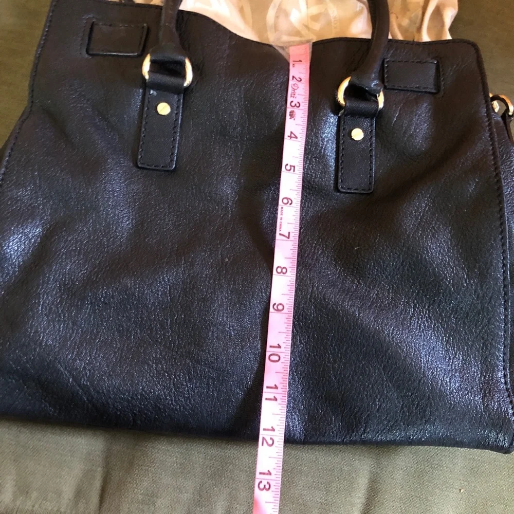 Michael Kors Black Leather Satchel Handbag with Gold Hardware and Chain Strap